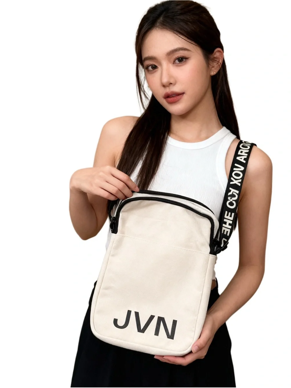 JVN  Cream Canvas Messenger Bag with Black Branded Strap